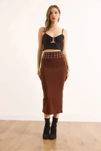 Olalook Women's Brown Waist Bird Eye Detailed Midi Sandy Skirt - Image 2