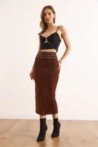 Olalook Women's Brown Waist Bird Eye Detailed Midi Sandy Skirt - Image 3