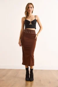 Olalook Women's Brown Waist Bird Eye Detailed Midi Sandy Skirt - Image 4