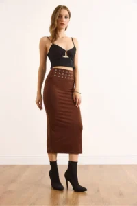 Olalook Women's Brown Waist Bird Eye Detailed Midi Sandy Skirt - Image 5