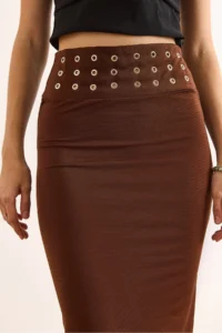 Olalook Women's Brown Waist Bird Eye Detailed Midi Sandy Skirt - Image 6