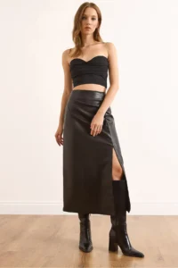 Olalook Women's Black Zippered Drape Detailed Slit Faux Leather Skirt with Fur Inside