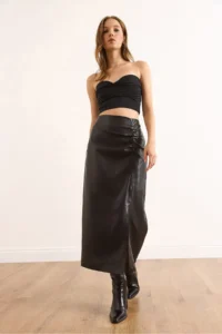 Olalook Women's Black Zippered Drape Detailed Slit Faux Leather Skirt with Fur Inside - Image 2