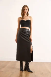 Olalook Women's Black Zippered Drape Detailed Slit Faux Leather Skirt with Fur Inside - Image 3