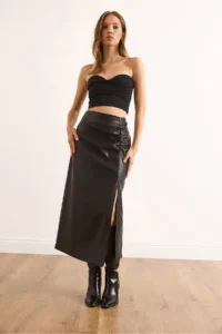 Olalook Women's Black Zippered Drape Detailed Slit Faux Leather Skirt with Fur Inside - Image 6