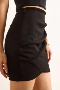 Olalook Women's Black Drape Detailed Mini Suede Skirt with Side Zipper - Image 6