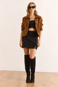 Olalook Women's Black Mini Suede Skirt with Back Zipper and Slit - Image 2