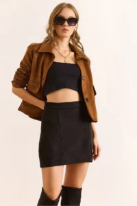Olalook Women's Black Mini Suede Skirt with Back Zipper and Slit - Image 5