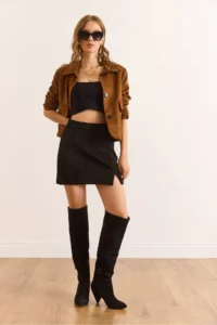 Olalook Women's Black Mini Suede Skirt with Back Zipper and Slit - Image 6