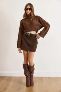Olalook Women's Brown Belt Detailed Mini Skirt with Shorts - Image 3