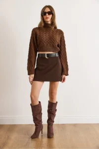 Olalook Women's Brown Belt Detailed Mini Skirt with Shorts - Image 5