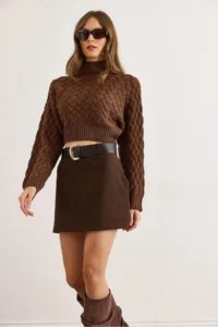 Olalook Women's Brown Belt Detailed Mini Skirt with Shorts - Image 6