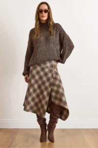 Olalook Women's Beige Plaid Wool Effect Midi Wrap Skirt