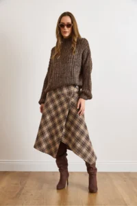 Olalook Women's Beige Plaid Wool Effect Midi Wrap Skirt - Image 3