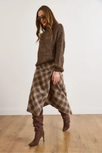 Olalook Women's Beige Plaid Wool Effect Midi Wrap Skirt - Image 6