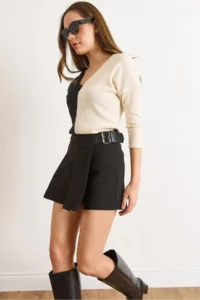 Olalook Women's Black Shorts Pleated Belt Detailed Mini Full Skirt
