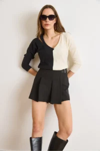 Olalook Women's Black Shorts Pleated Belt Detailed Mini Full Skirt - Image 2