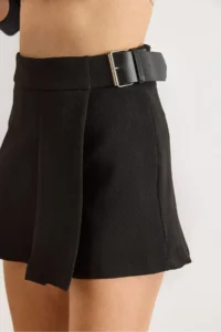 Olalook Women's Black Shorts Pleated Belt Detailed Mini Full Skirt - Image 4