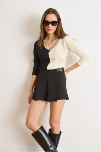 Olalook Women's Black Shorts Pleated Belt Detailed Mini Full Skirt - Image 5