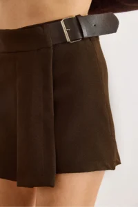 Olalook Women's Brown Shorts Pleated Belt Detailed Mini Full Skirt - Image 2