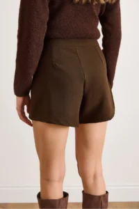 Olalook Women's Brown Shorts Pleated Belt Detailed Mini Full Skirt - Image 3