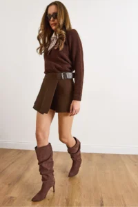 Olalook Women's Brown Shorts Pleated Belt Detailed Mini Full Skirt - Image 5