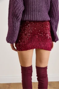 Olalook Women's Claret Red Elastic Waist Sequined Mini Skirt - Image 4