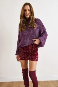 Olalook Women's Claret Red Elastic Waist Sequined Mini Skirt - Image 5