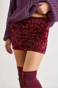 Olalook Women's Claret Red Elastic Waist Sequined Mini Skirt - Image 6