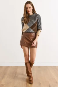 Olalook Women's Tan Mini Faux Leather Skirt with Slit Shorts