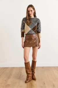 Olalook Women's Tan Mini Faux Leather Skirt with Slit Shorts - Image 2