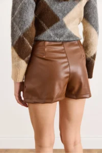 Olalook Women's Tan Mini Faux Leather Skirt with Slit Shorts - Image 3