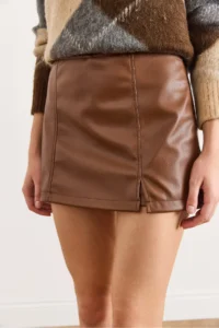 Olalook Women's Tan Mini Faux Leather Skirt with Slit Shorts - Image 4