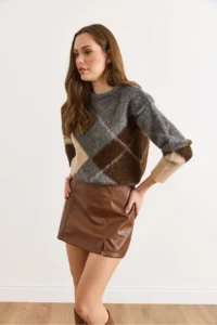Olalook Women's Tan Mini Faux Leather Skirt with Slit Shorts - Image 5