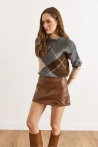 Olalook Women's Tan Mini Faux Leather Skirt with Slit Shorts - Image 6