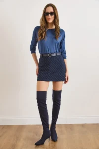 Olalook Women's Navy Blue Belted Hidden Zipper Striped Shorts Skirt - Image 3