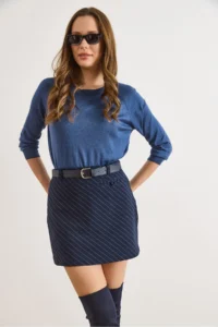Olalook Women's Navy Blue Belted Hidden Zipper Striped Shorts Skirt - Image 4