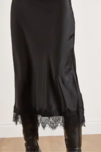 Olalook Women's Black Elastic Waist Lace Detailed Maxi Flowy Satin Skirt - Image 4