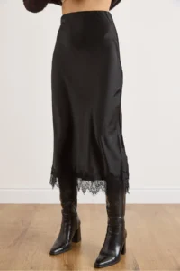 Olalook Women's Black Elastic Waist Lace Detailed Maxi Flowy Satin Skirt - Image 5