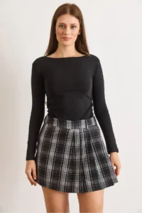 Olalook Women's Black Self-Fabric Pleated Plaid Mini Skirt with Shorts - Image 2