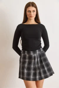 Olalook Women's Black Self-Fabric Pleated Plaid Mini Skirt with Shorts - Image 3