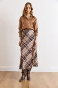Olalook Women's Beige Zippered Slit Detailed Plaid Satin Skirt - Image 2