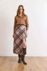 Olalook Women's Beige Zippered Slit Detailed Plaid Satin Skirt - Image 3