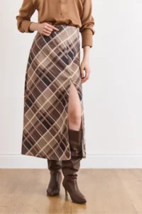 Olalook Women's Beige Zippered Slit Detailed Plaid Satin Skirt - Image 4