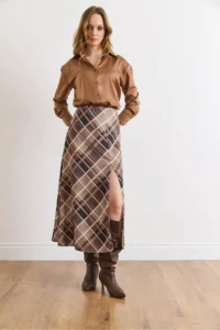 Olalook Women's Beige Zippered Slit Detailed Plaid Satin Skirt - Image 5