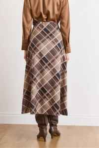 Olalook Women's Beige Zippered Slit Detailed Plaid Satin Skirt - Image 6