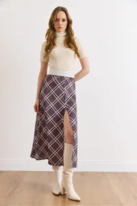 Olalook Women's Anthracite Zippered Slit Detailed Plaid Satin Skirt - Image 2