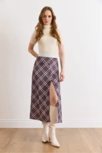 Olalook Women's Anthracite Zippered Slit Detailed Plaid Satin Skirt - Image 3