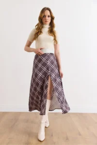 Olalook Women's Anthracite Zippered Slit Detailed Plaid Satin Skirt - Image 4