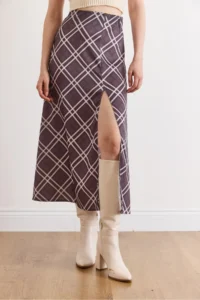 Olalook Women's Anthracite Zippered Slit Detailed Plaid Satin Skirt - Image 5